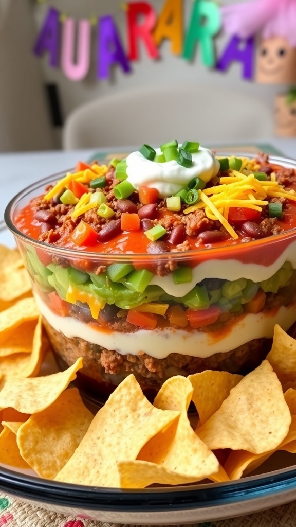 Colorful 7 layer dip with ground beef, beans, sour cream, guacamole, salsa, cheese, tomatoes, and green onions, served with tortilla chips.